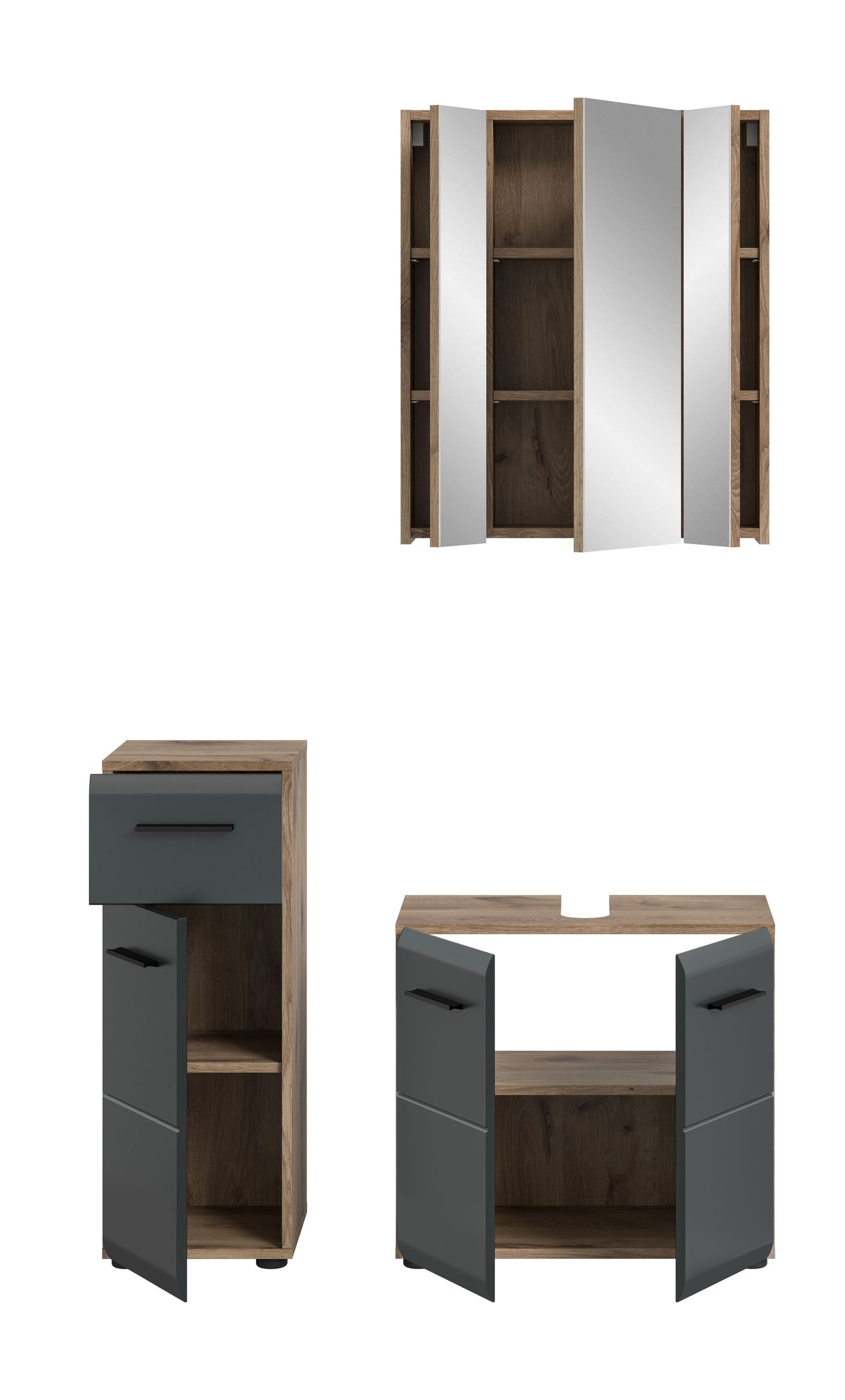 Badmöbel-Set mit Waschbecken, zwei Unterschränken und offenem Hochschrank, dunkelgrau/holz
