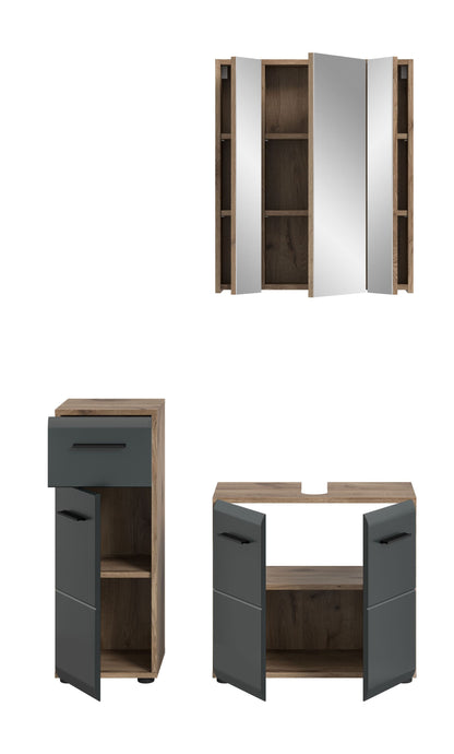 Badmöbel-Set mit Waschbecken, zwei Unterschränken und offenem Hochschrank, dunkelgrau/holz