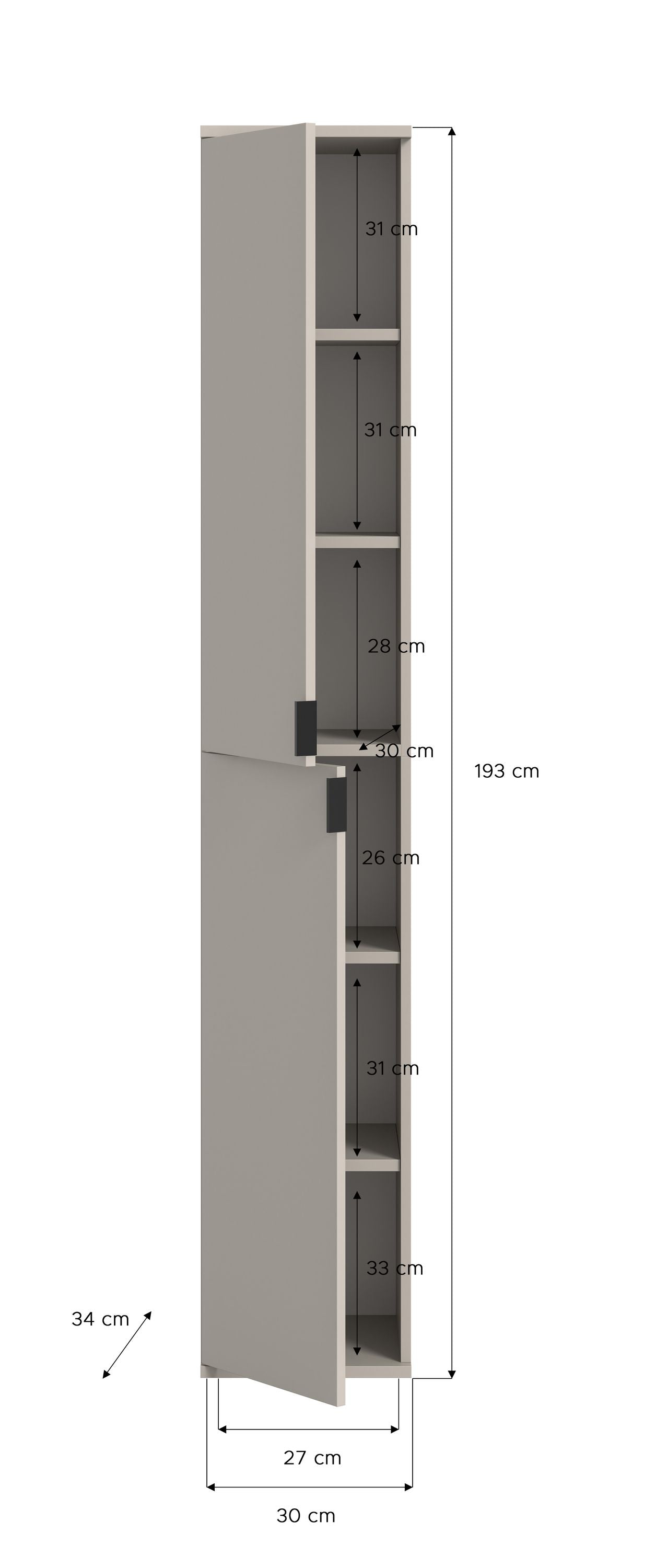 Hochschrank mit Maßangaben, Tür offen, Innenraum und Regalfächer