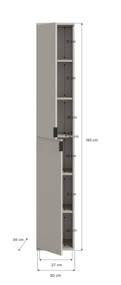 Hochschrank mit Maßangaben, Tür offen, Innenraum und Regalfächer