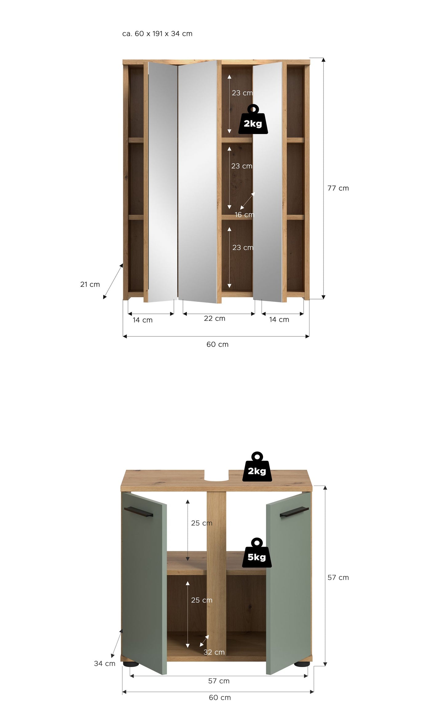 Badezimmerschrank-Set mit Spiegelschrank und Unterschrank, mit Maßangaben