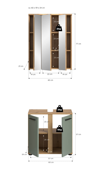 Badezimmerschrank-Set mit Spiegelschrank und Unterschrank, mit Maßangaben