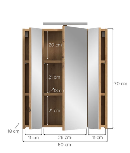 Armoire de toilette avec éclairage ICE (L/H/P : env. 60/70/18 cm) en imitation chêne Nox/noir mat