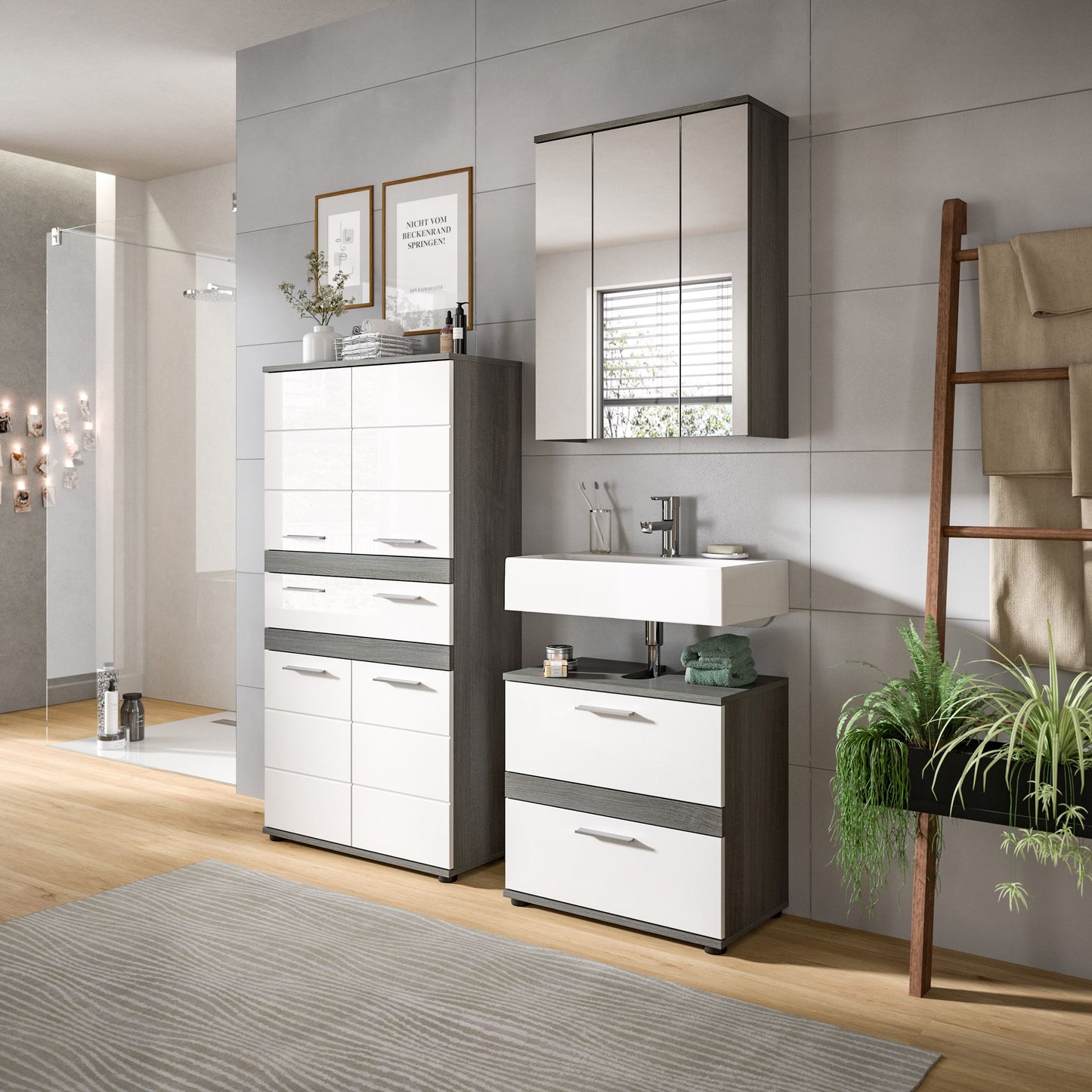Blake Badkombination (B/H/T: 145x191x34 cm) in Salbei und Artisan Eiche Nachbildung