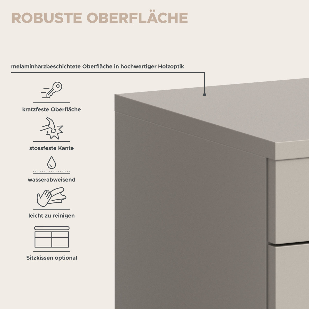 Garderoben-Set: robuste Frontfläche mit Melaminharzbeschichtung und stoßfester Kante