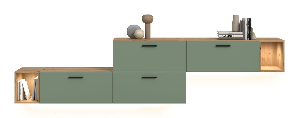 Living Room Combination incl. Lighting THE ONE (W/H/D: approx. 276/97/34 cm) in Artisan Oak Reproduction/Smoke Green