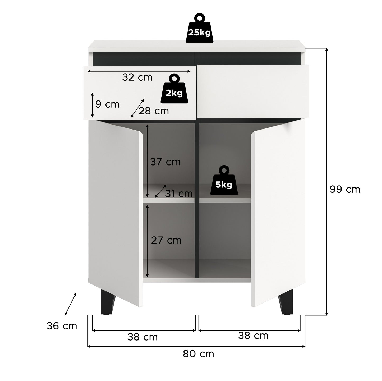 Kommode 80x99x36 cm (BHT), weiß, Maßangaben zu Schubladen und Fächern