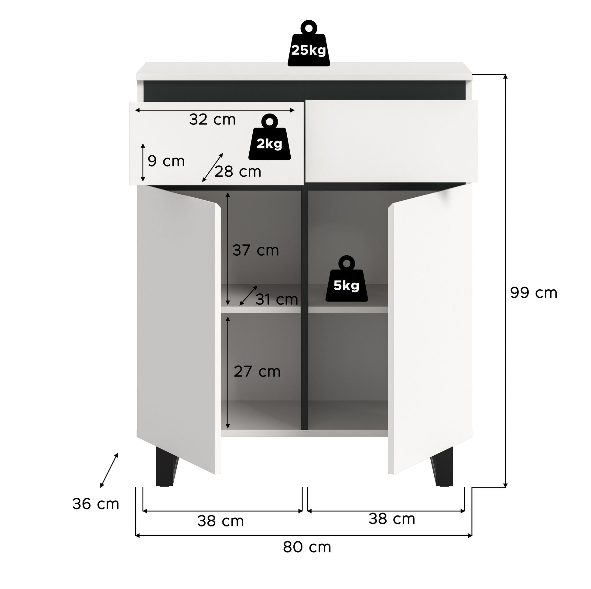 Kommode 80x99x36 cm (BHT), weiß, Maßangaben zu Schubladen und Fächern