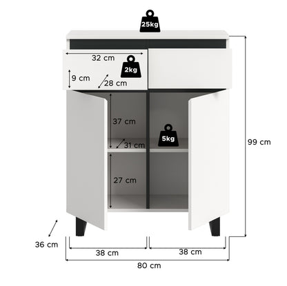 Kommode 80x99x36 cm (BHT), weiß, Maßangaben zu Schubladen und Fächern