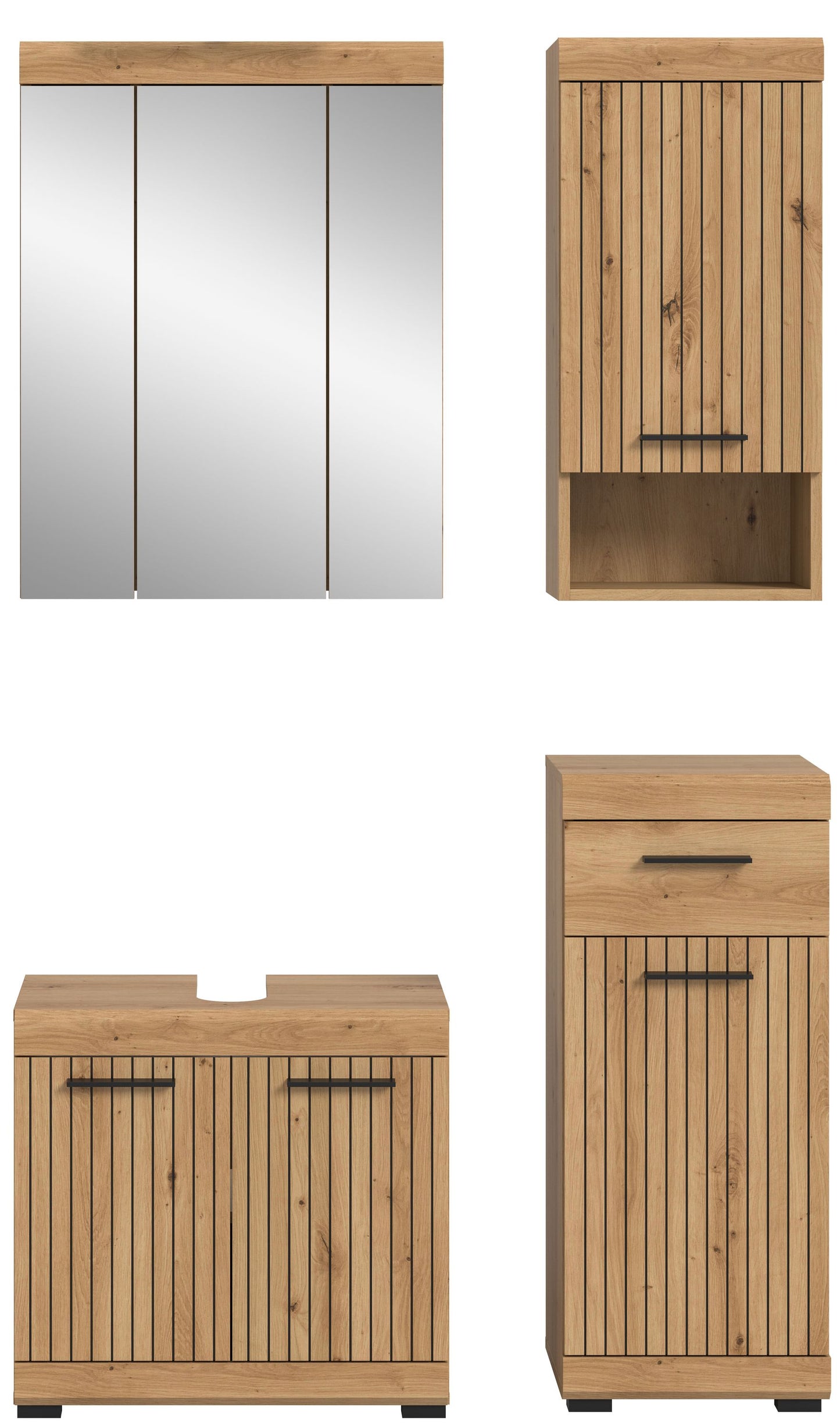 Badezimmerset 4-teilig: Unterschrank und Hochschrank mit hellem Holz-Lamellenfronten, Griffen