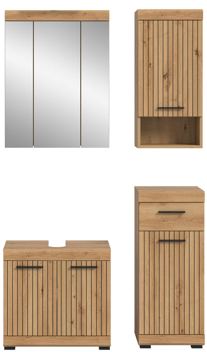 Badezimmerset 4-teilig: Unterschrank und Hochschrank mit hellem Holz-Lamellenfronten, Griffen
