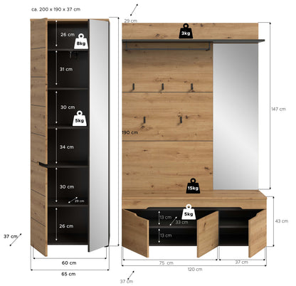 Garderobenset mit Spiegelschrank und Sitzbank sowie Garderobenpaneel, mit Maßangaben
