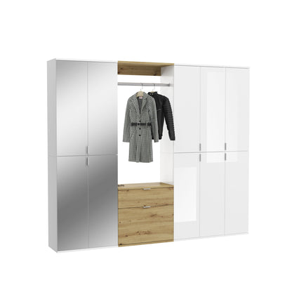 Garderoben-4er-Set, Schrank mit Glasfront und Kleiderstange, weiß/Artisan Eiche
