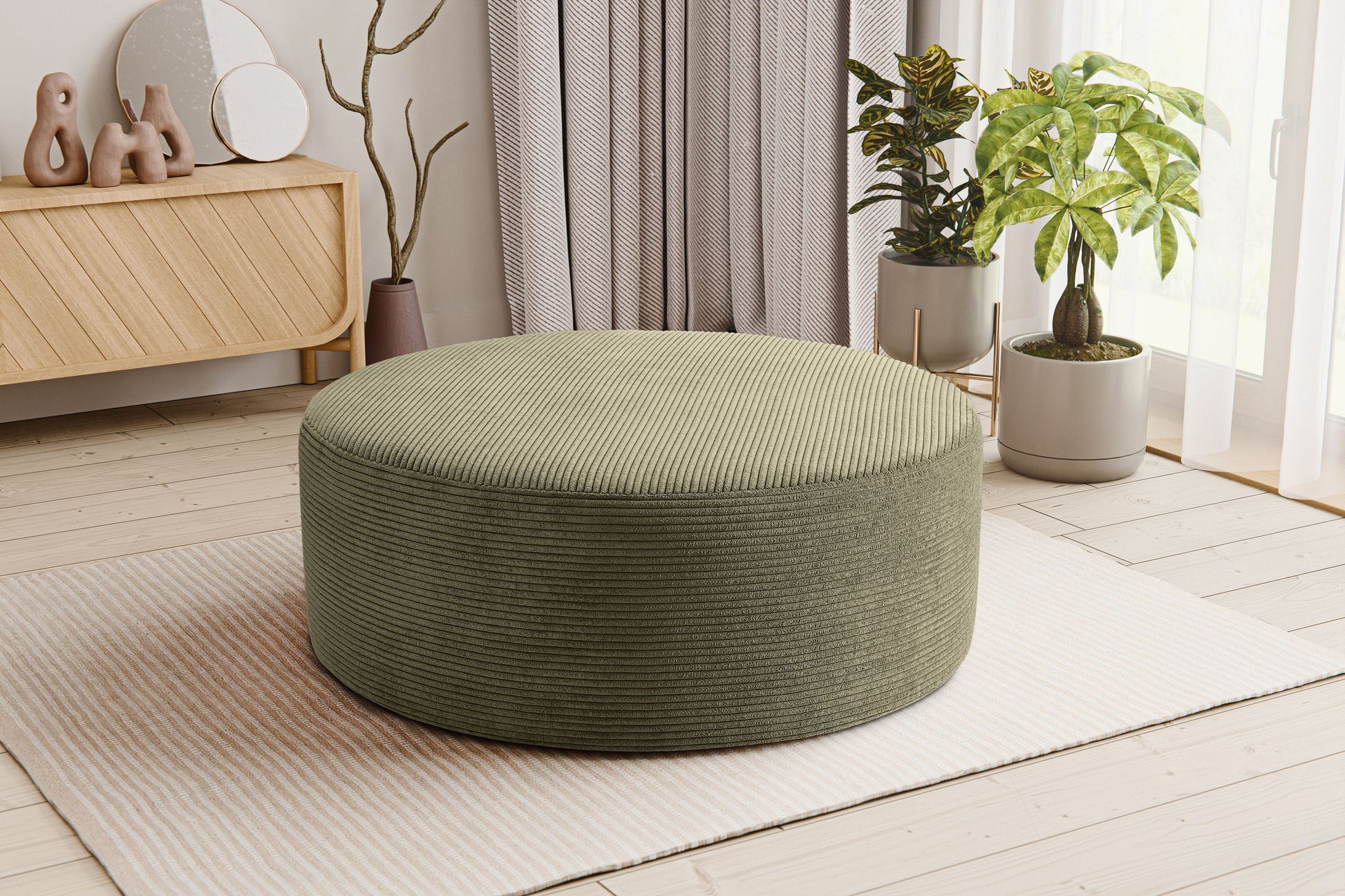 Runder Cord-Hocker mit weicher Polsterung, olivgrün, gepolsterte runde Sitzfläche.