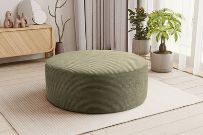 Runder Cord-Hocker mit weicher Polsterung, olivgrün, gepolsterte runde Sitzfläche.