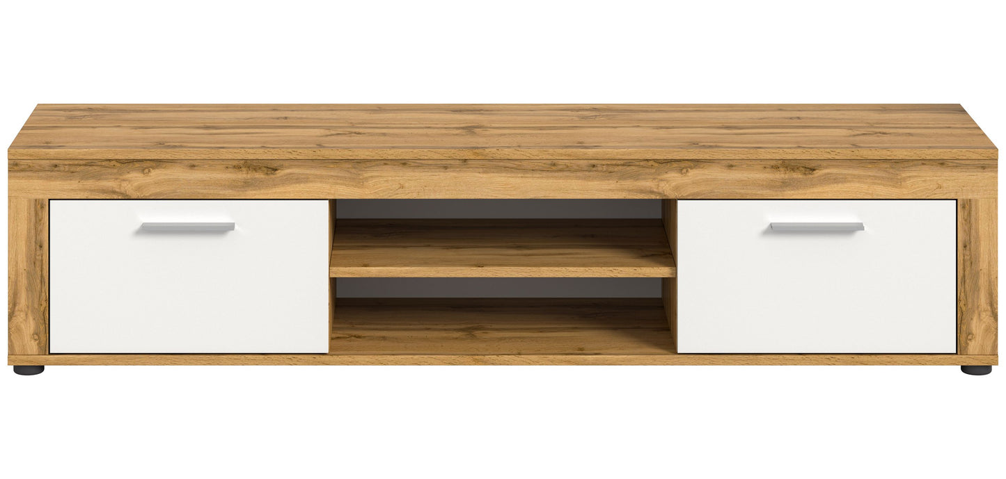 Meuble TV bas JAM (L/H/P : env. 160/37/40 cm) en imitation chêne Wotan/gris