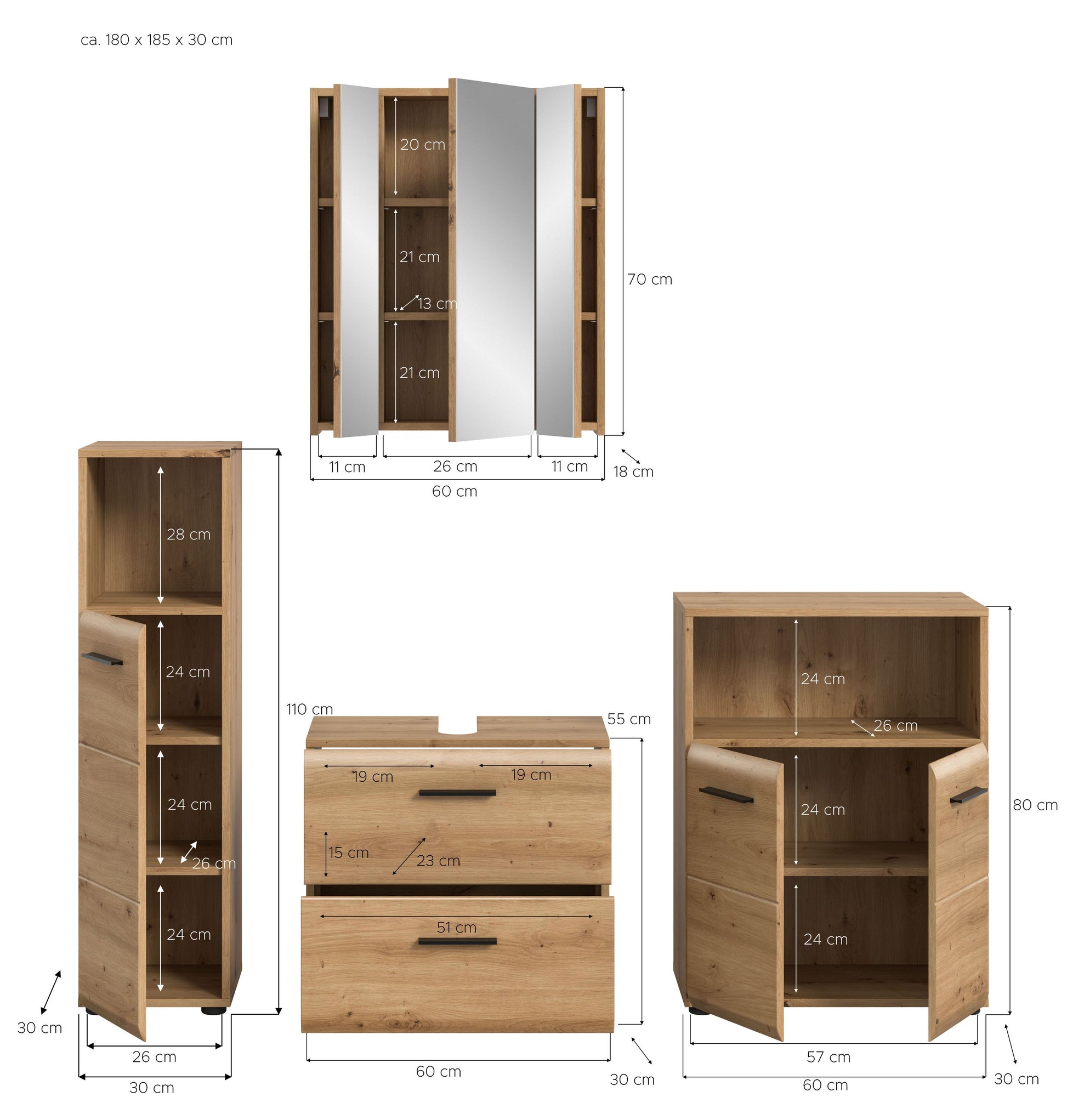 Badmöbel-Set mit Waschbecken-Unterschrank, Schubladen und Seitenregalen in hellem Holz (mit Maßen)