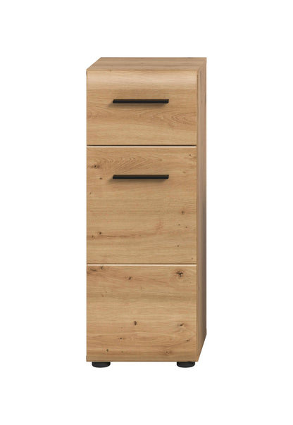 Schmaler Badezimmerschrank in heller Holzoptik mit zwei Schubladen und Griffen