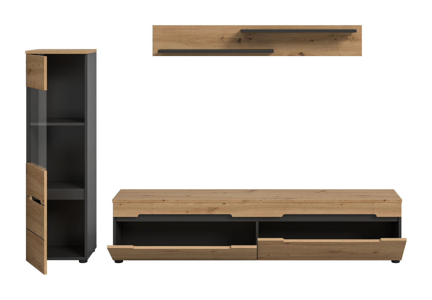Wohnwand-Set: Vitrinenschrank mit Glasfächern und Holzfronten, Basalt-Grau