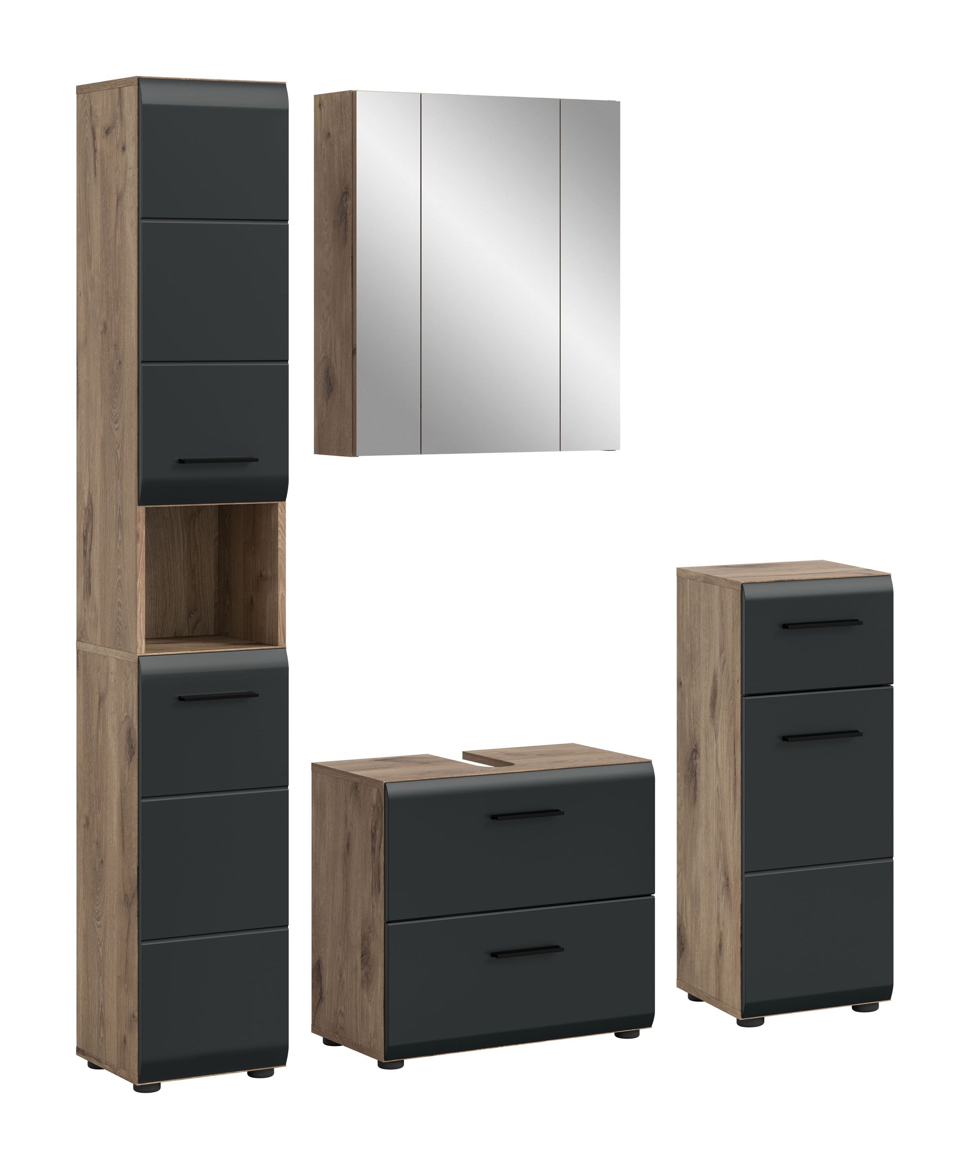 Badmöbel-Set 4-tlg. in Dunkelgrau/Eicheoptik: Spiegelschrank, Hochschrank und Unterschränke
