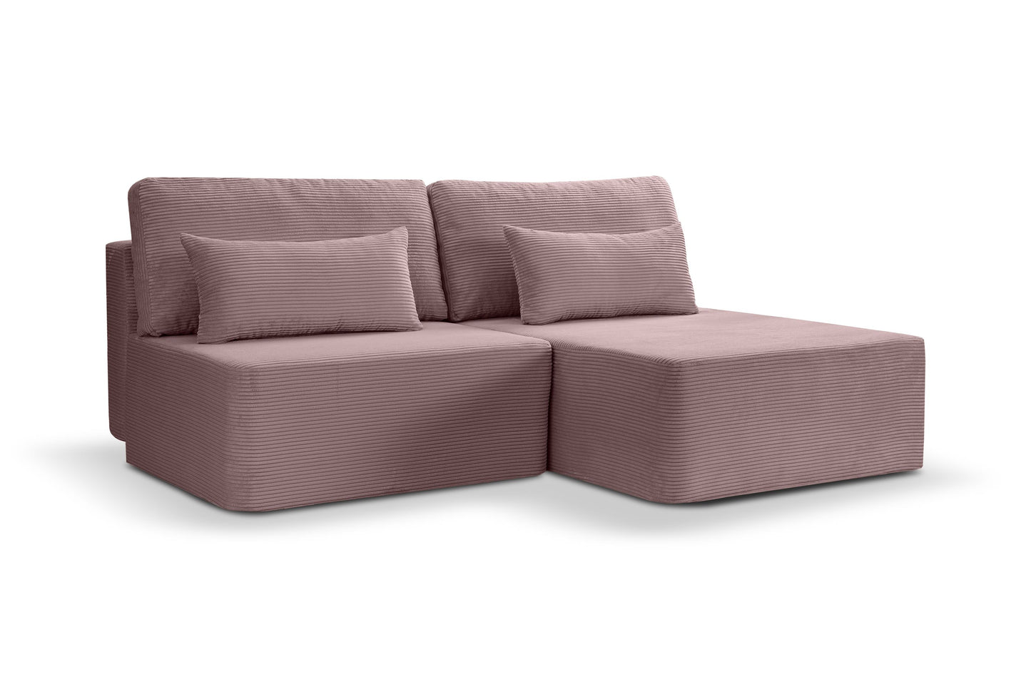 Schlafsofa mit Cordbezug in Altrosa, zwei Rückenkissen und breite Sitz-/Liegefläche