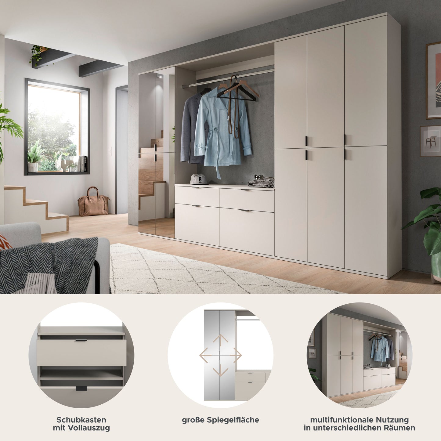 Garderobenschrank-Set mit 4 Türen, weiß, mit Schubladen und vielfältigem Innenraum