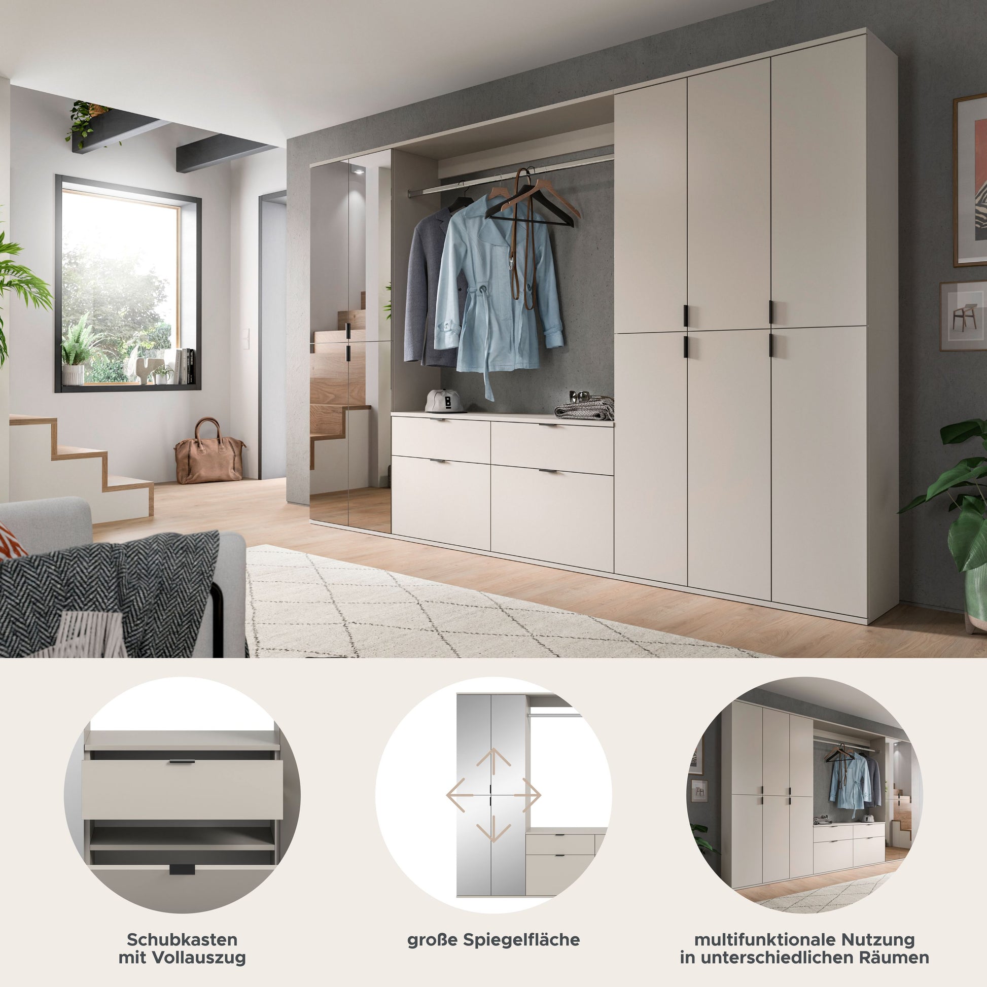 Garderobenschrank-Set mit 4 Türen, weiß, mit Schubladen und vielfältigem Innenraum