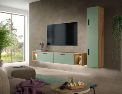 TV-Wohnwand mit Lowboard und Beleuchtung, weißer Korpus, Smoke-Green Seitenschrank und Holzoptik