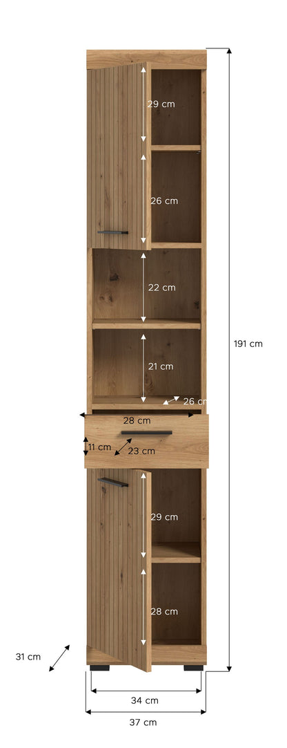 Badhochschrank mit offenen Fächern in Holzoptik, Maßeinblendung auf dem Schrank