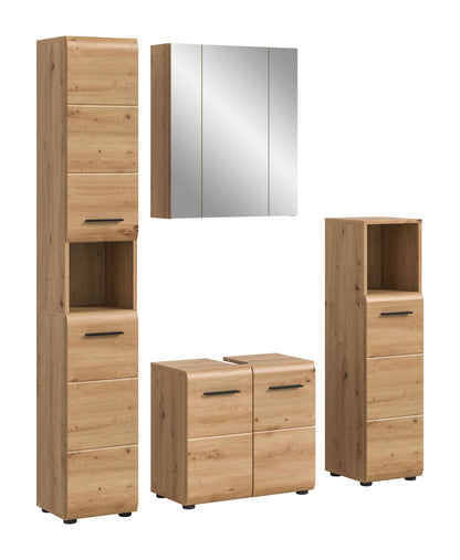 Badmöbel-Set 4-teilig in hellem Holz mit weißem Spiegelschrank und Schubladen
