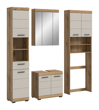 Badezimmerset mit Hochschrank, Spiegelschrank und Unterschrank in Holzoptik/Eiche
