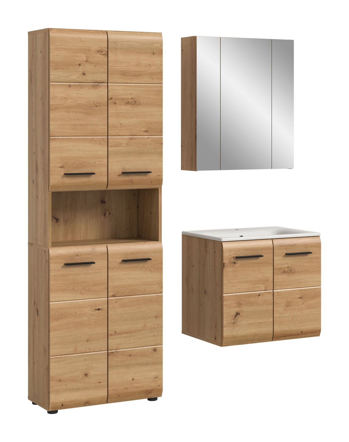 Badezimmerset 4-teilig in hellem Holzdekor: Spiegelschrank, Hochschrank, Waschtisch