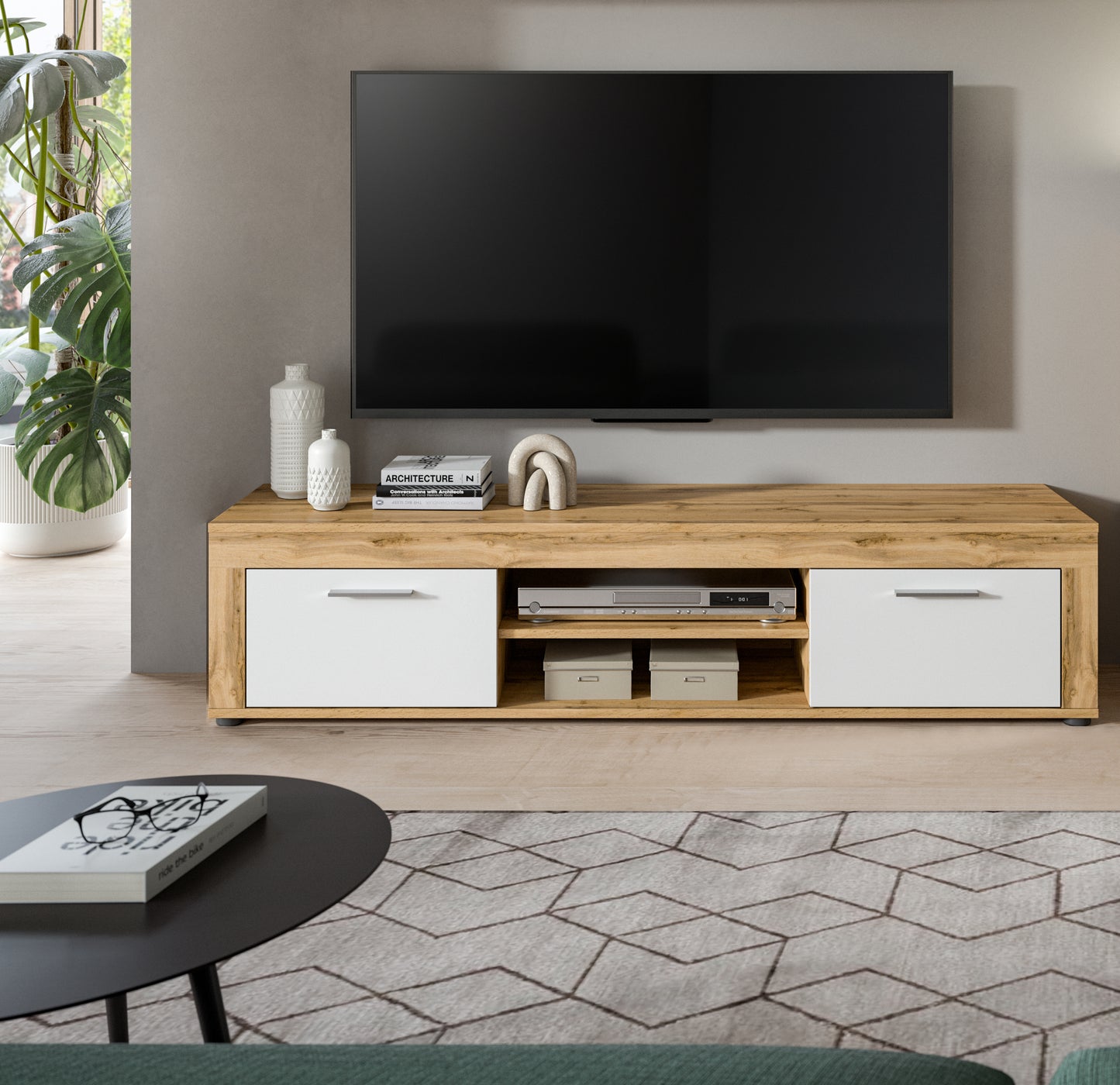 Meuble TV bas JAM (L/H/P : env. 160/37/40 cm) en imitation chêne Wotan/gris