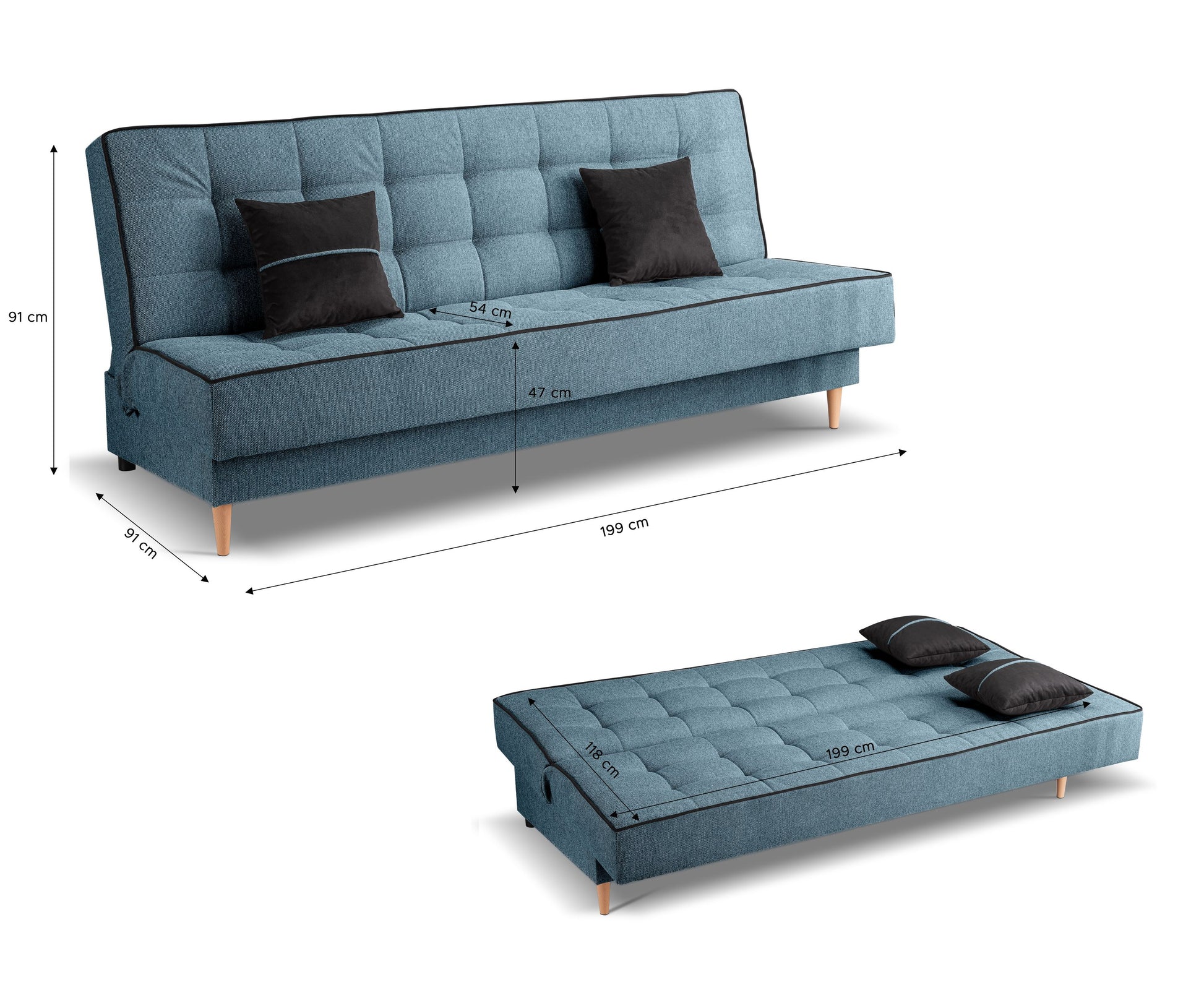 Schlafsofa in Blau mit Quadersteppung, Frontansicht und aufgeklappter Liegefläche