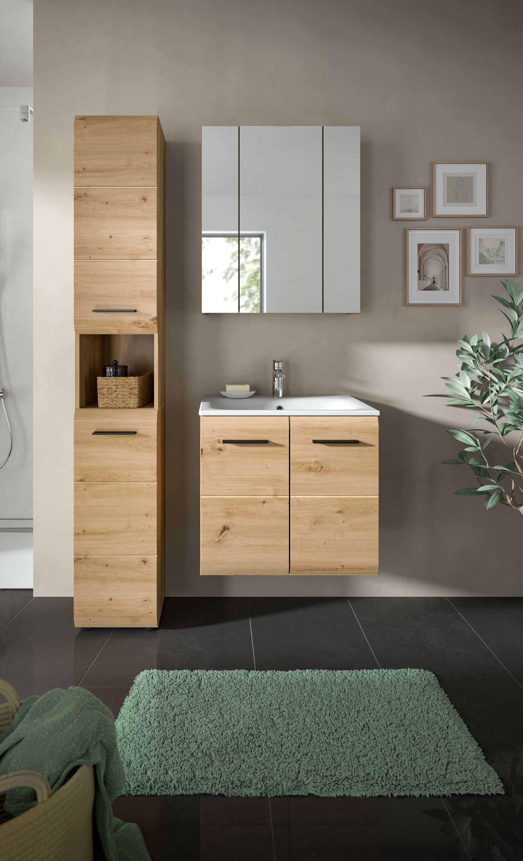 Badezimmermöbel-Set: Waschtischunterschrank mit Waschbecken, Spiegel und Hochschrank in Eiche/Natur