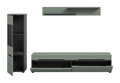 Wohnwand-Set: Vitrinenschrank mit Einlegeböden und Lowboard, Salbeigrün und Holzoptik
