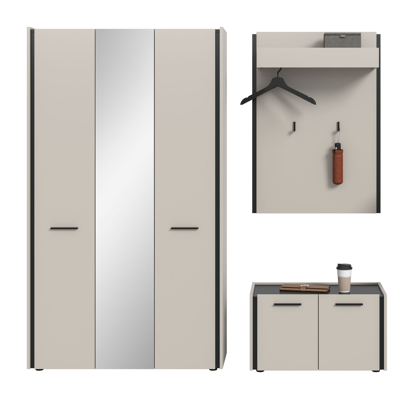 Garderobenpaneel mit Ablage und Kleiderhaken sowie Schuhschrank-Unterschrank, beige
