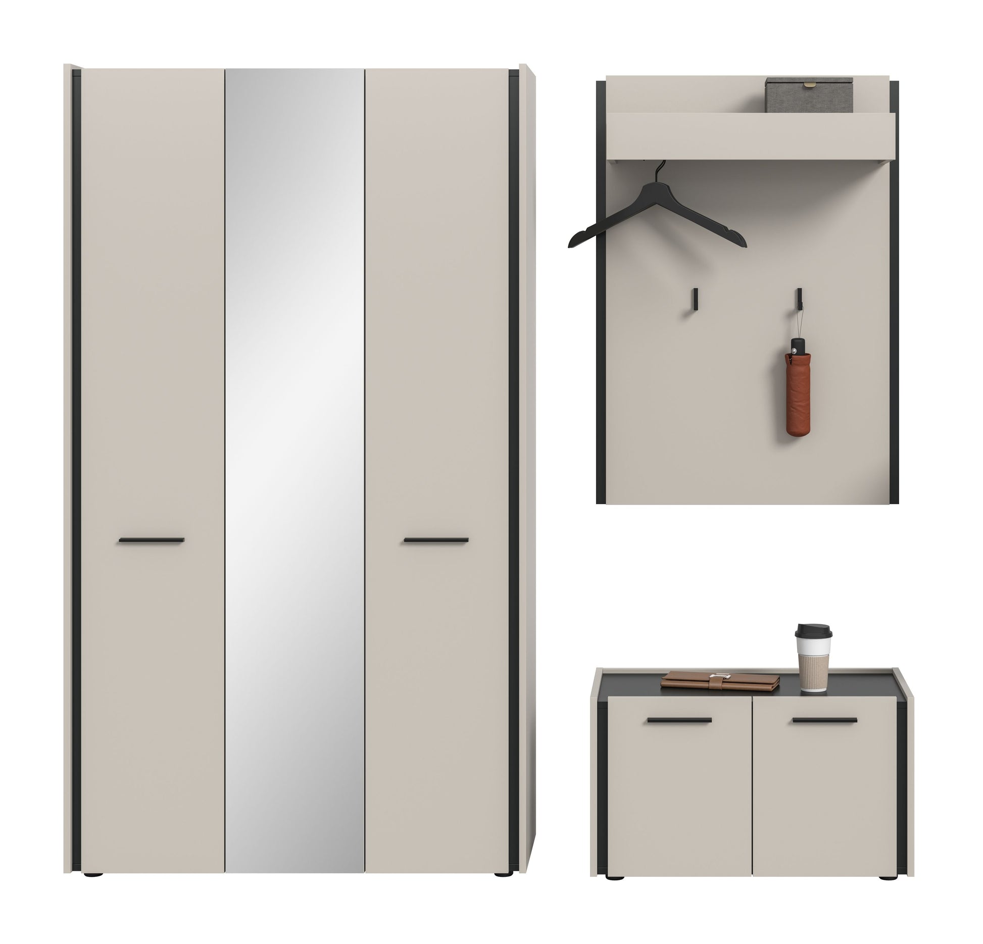 Garderobenpaneel mit Ablage und Kleiderhaken sowie Schuhschrank-Unterschrank, beige