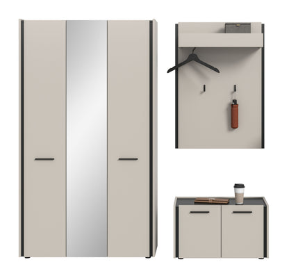 Garderobenpaneel mit Ablage und Kleiderhaken sowie Schuhschrank-Unterschrank, beige