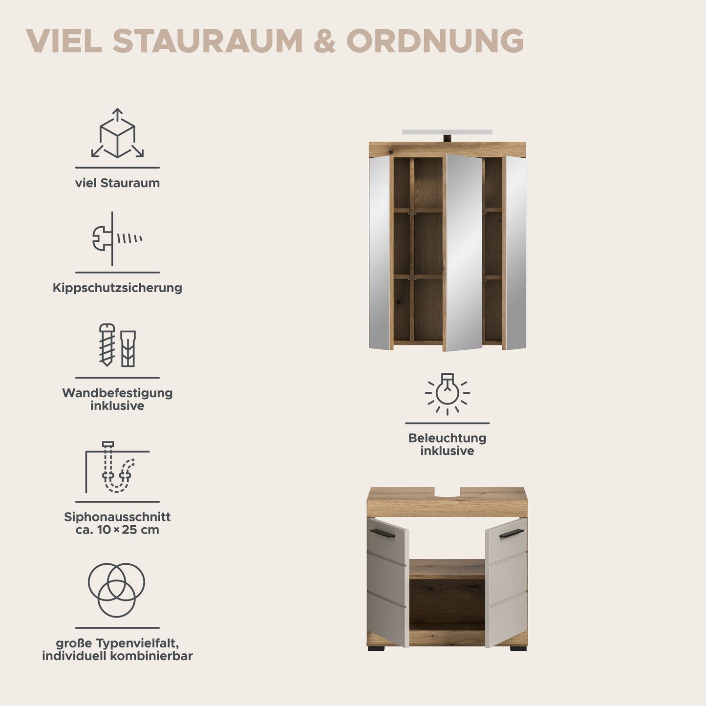 Badezimmerset mit Spiegelschrank und Waschtischunterschrank für geordneten Stauraum