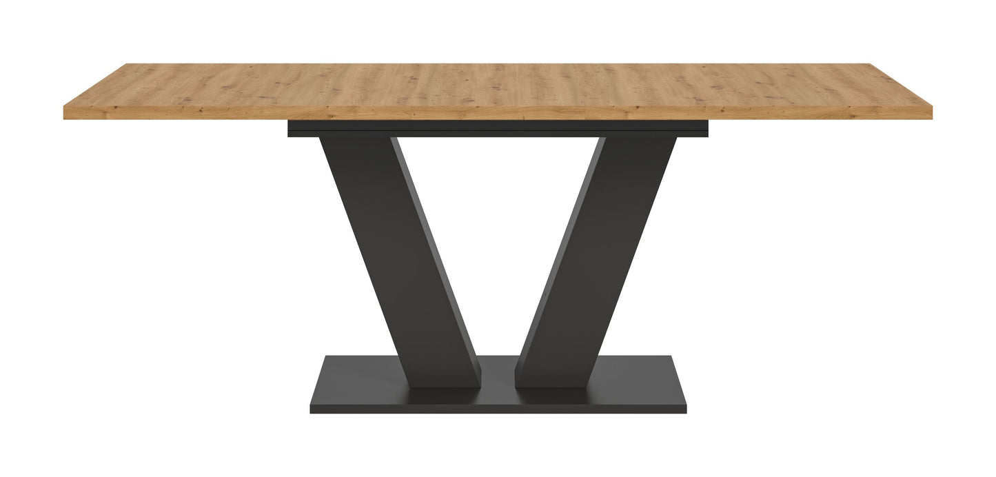 Esstisch mit heller Holzplatte und schwarzem X-Gestell, rechteckig
