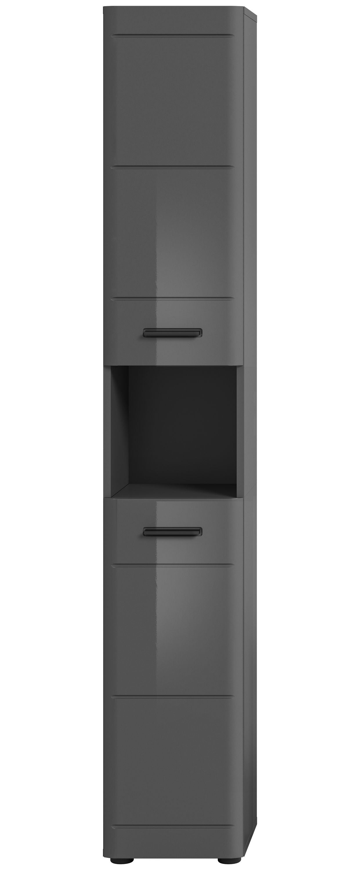 Grau glänzender Hochschrank mit Regalfächern und Schubfächern, mit Griffen