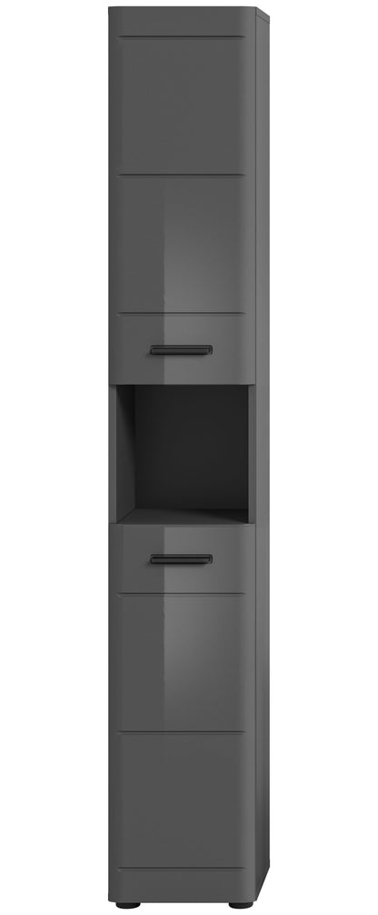 Grau glänzender Hochschrank mit Regalfächern und Schubfächern, mit Griffen