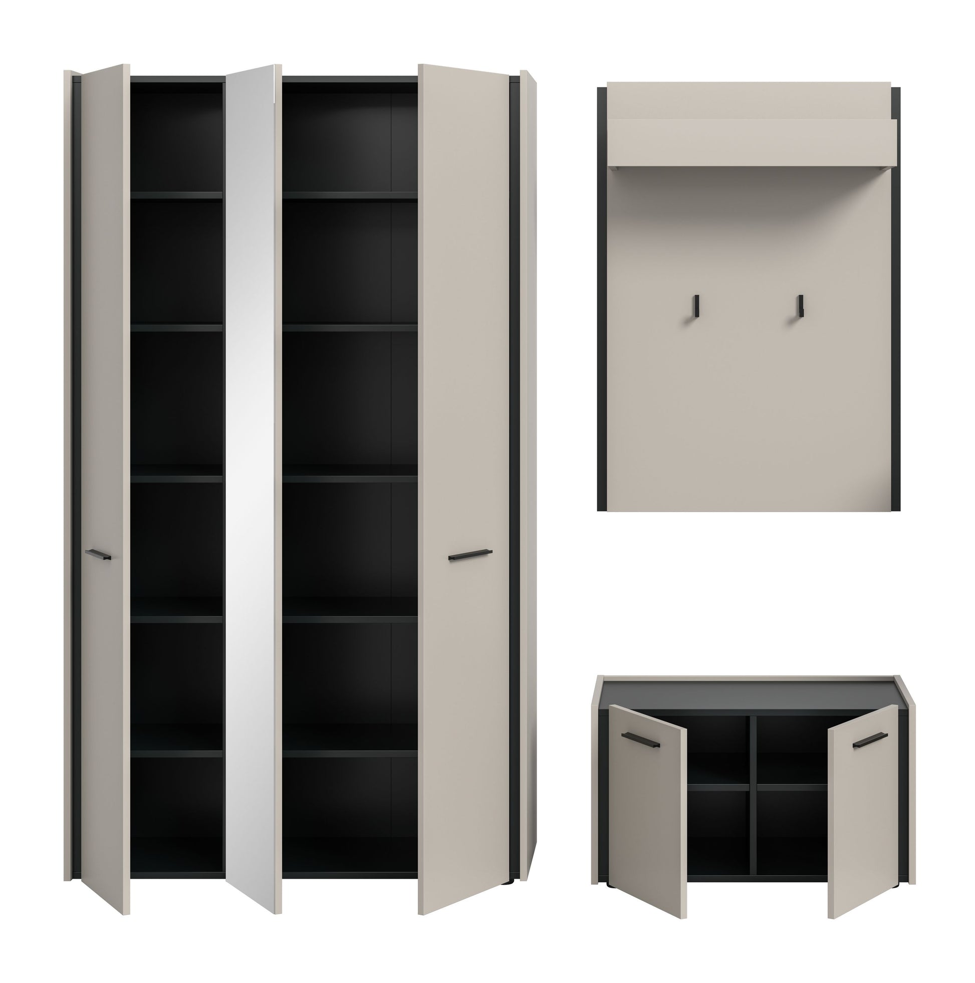 Garderobenschrank mit offenen Fächern und Türen, beige/weiß; darunter Schuhbank-Element