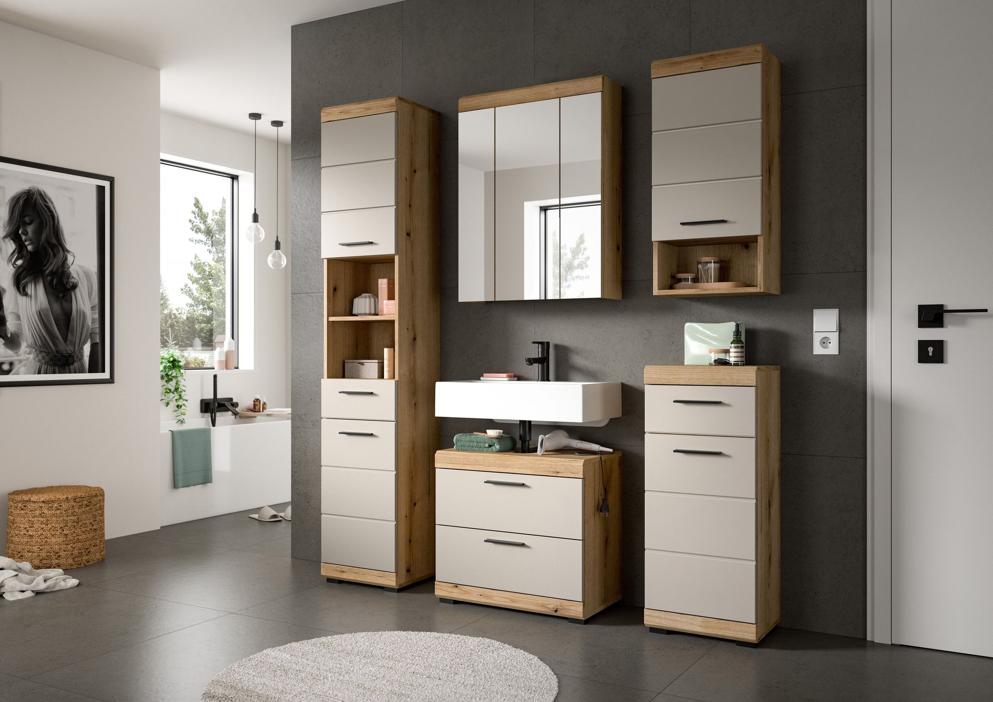 Badezimmerschrank mit offenen Fächern und Schubladen in weiß und Holzoptik