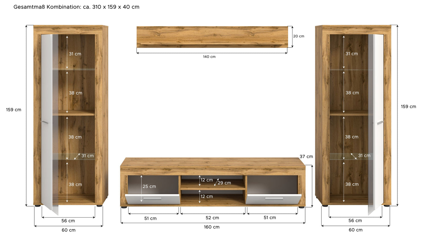 Ensemble meuble TV JAM (L/H/P : env. 310/159/40 cm) imitation chêne Wotan/gris