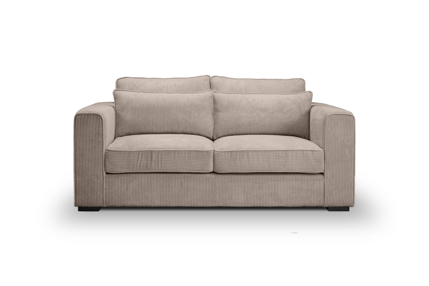 Polstersessel (2,5-Sitzer) aus beigem Cordstoff, frontale Ansicht mit breiten Armlehnen