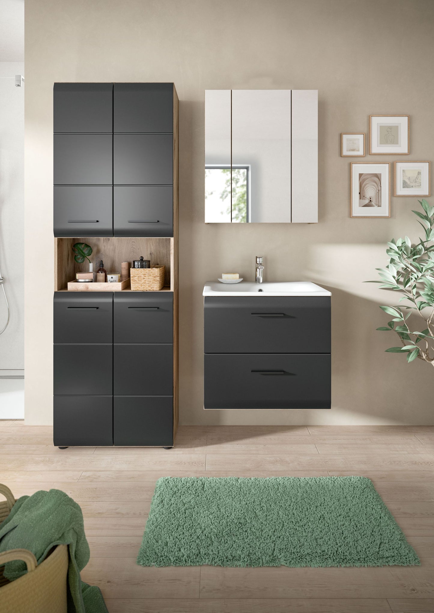 Badmöbel-Set mit Waschtisch, Spiegel und Hochschrank in dunklem Grau, Fronten dunkel