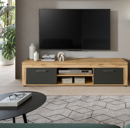 Meuble TV bas JAM (L/H/P : env. 160/37/40 cm) en imitation chêne Wotan/gris