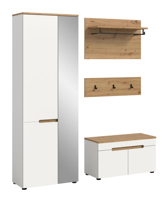 Garderobenschrank-Set mit Sitzbank: Weiß, Holzplatte und Garderobenleiste mit Haken